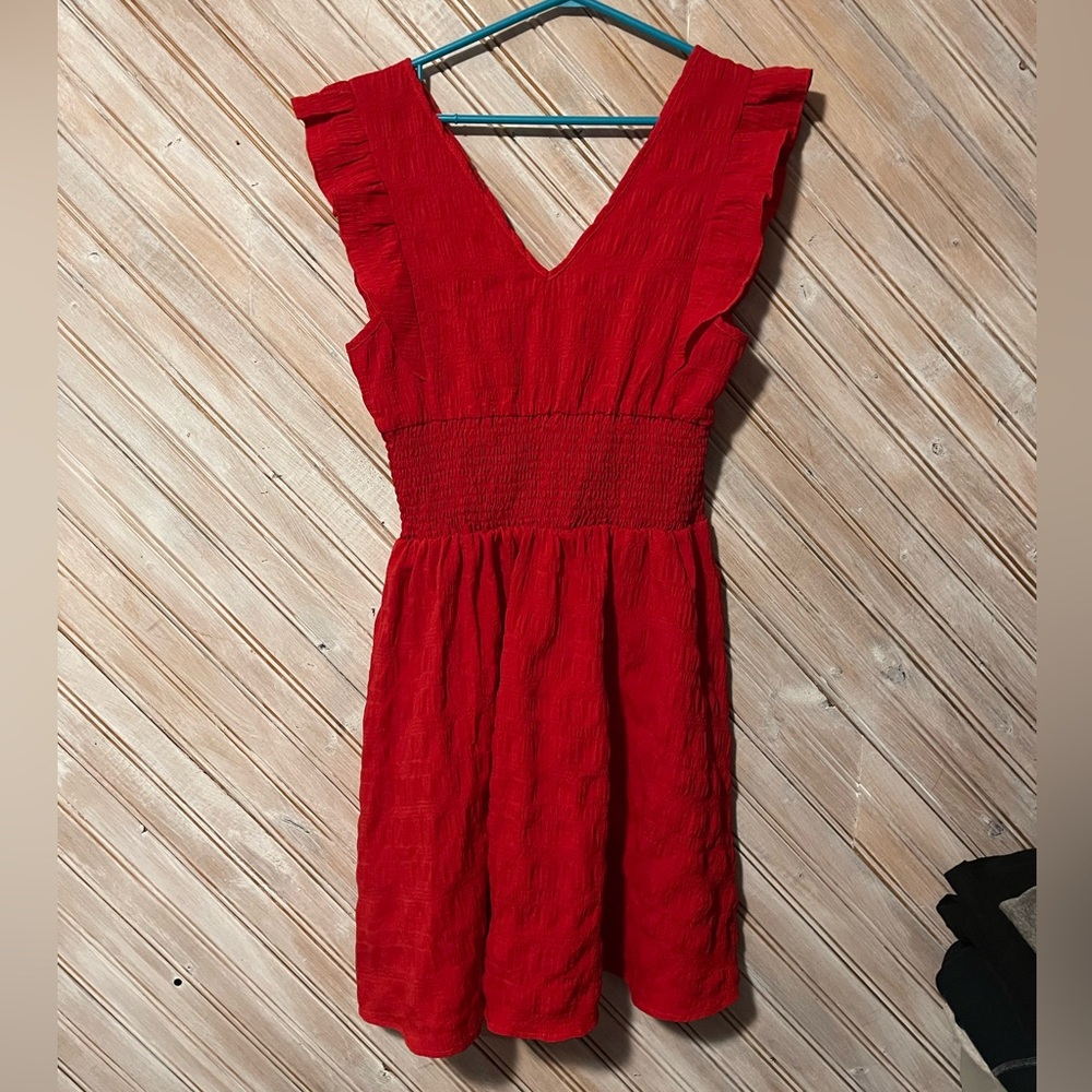 Red Ruched Frilled Sleeves Cinched Waist Stretchy V neck Midi Dress